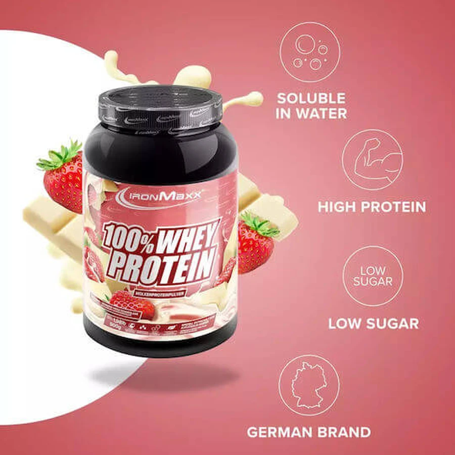 IronMaxx 100% Molkenprotein Molkenprotein mit Geschmacksrichtung Weiße Schokolade-Erdbeere 900gr