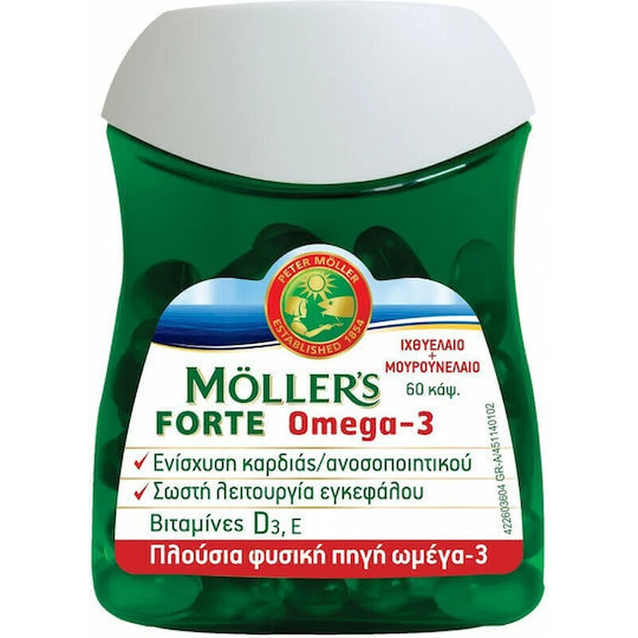Moller's Forte Omega 3 Lebertran und Fischöl Geeignet für Kinder 10mg 60 Kapseln Nicht aromatisiert