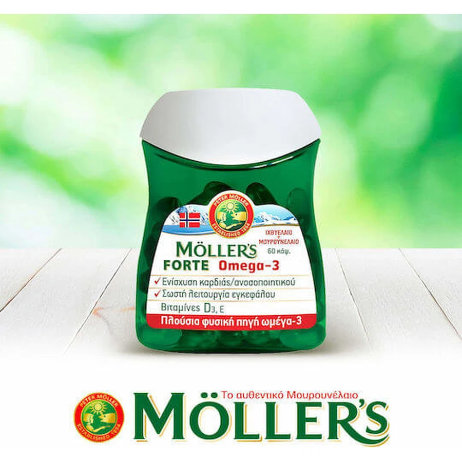 Moller's Forte Omega 3 Lebertran und Fischöl Geeignet für Kinder 10mg 60 Kapseln Nicht aromatisiert