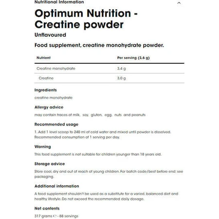 Optimum Nutrition Mikronisiertes Kreatin Ungeschmälert 317gr