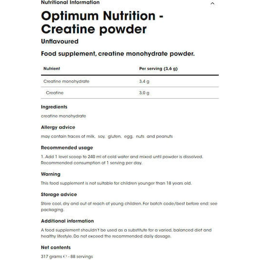 Optimum Nutrition Mikronisiertes Kreatin Ungeschmälert 317gr