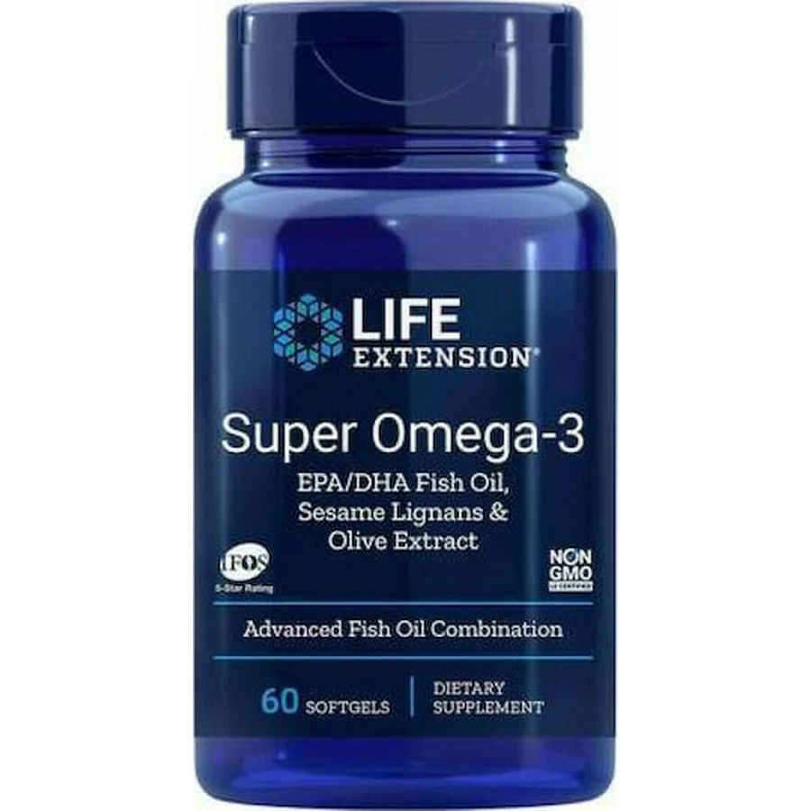 Life Extension Super Omega-3 Fruchtextrakt EPA/DHA Fischöl mit Sesam-Lignanen und Olivenfruchtextrakt 60 Softgels, nicht aromatisiert