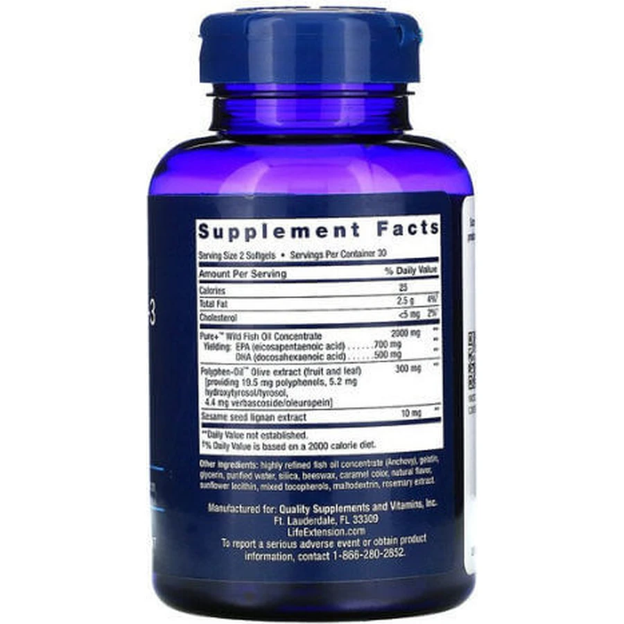 Life Extension Super Omega-3 Fruchtextrakt EPA/DHA Fischöl mit Sesam-Lignanen und Olivenfruchtextrakt 60 Softgels, nicht aromatisiert