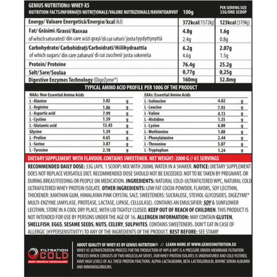 Genius Nutrition Whey-X5 Proteína de Suero con Sabor a Chocolate Bueno 2kg