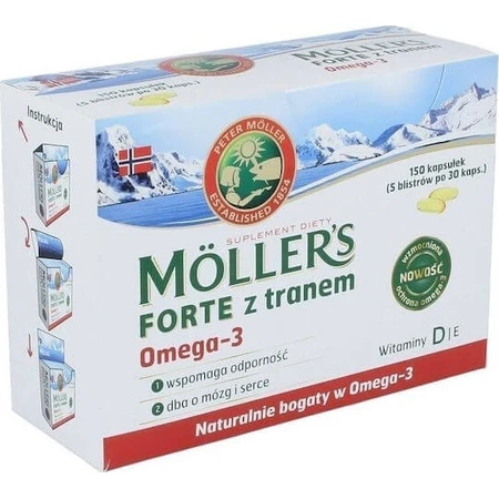 Moller's Forte Omega 3 Lebertran und Fischöl Geeignet für Kinder 30 Kapseln Unaromatisiert