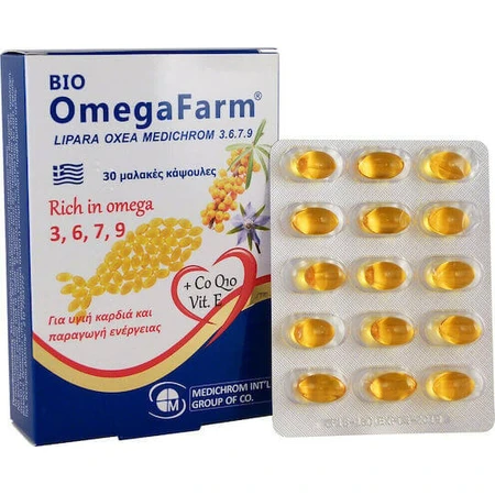 Medichrom Bio Omega Farm Omega 3-6-9-7 & CoQ10, Vitamin E Fischöl 30 Weichkapseln ohne Geschmacksverstärker