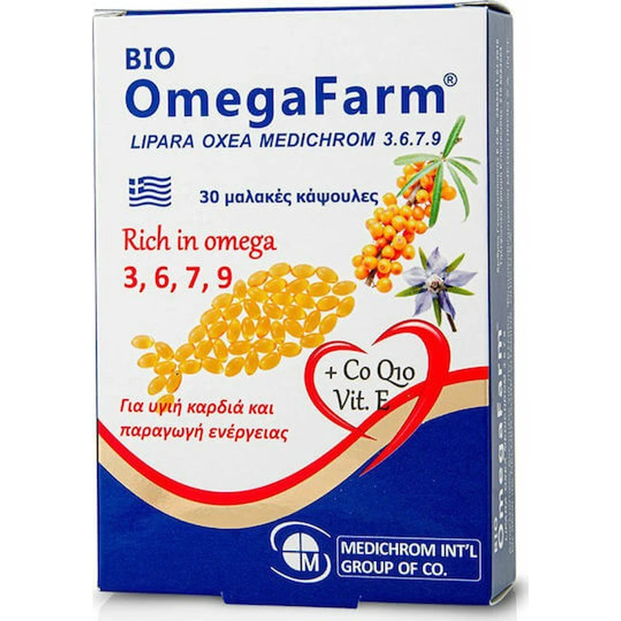 Medichrom Bio Omega Farm Omega 3-6-9-7 & CoQ10, Vitamin E Fischöl 30 Weichkapseln ohne Geschmacksverstärker