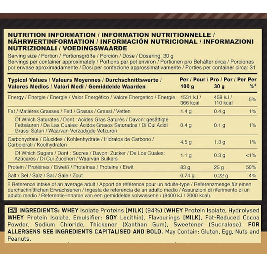 Optimum Nutrition Gold Standard 100% isoliertes Molkenprotein-Isolat Glutenfrei mit Schokoladengeschmack 930gr