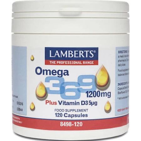 Lamberts Omega 3 6 9 1200mg Plus Vitamin D3 5μg Borretschsamenöl und Olivenöl 1200mg 120 Kapseln ohne Geschmacksverstärker
