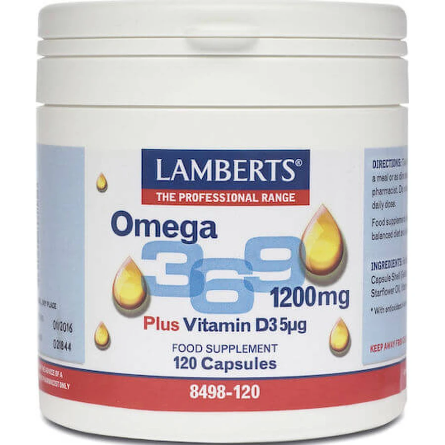 Lamberts Omega 3 6 9 1200mg Plus Vitamin D3 5μg Borretschsamenöl und Olivenöl 1200mg 120 Kapseln ohne Geschmacksverstärker