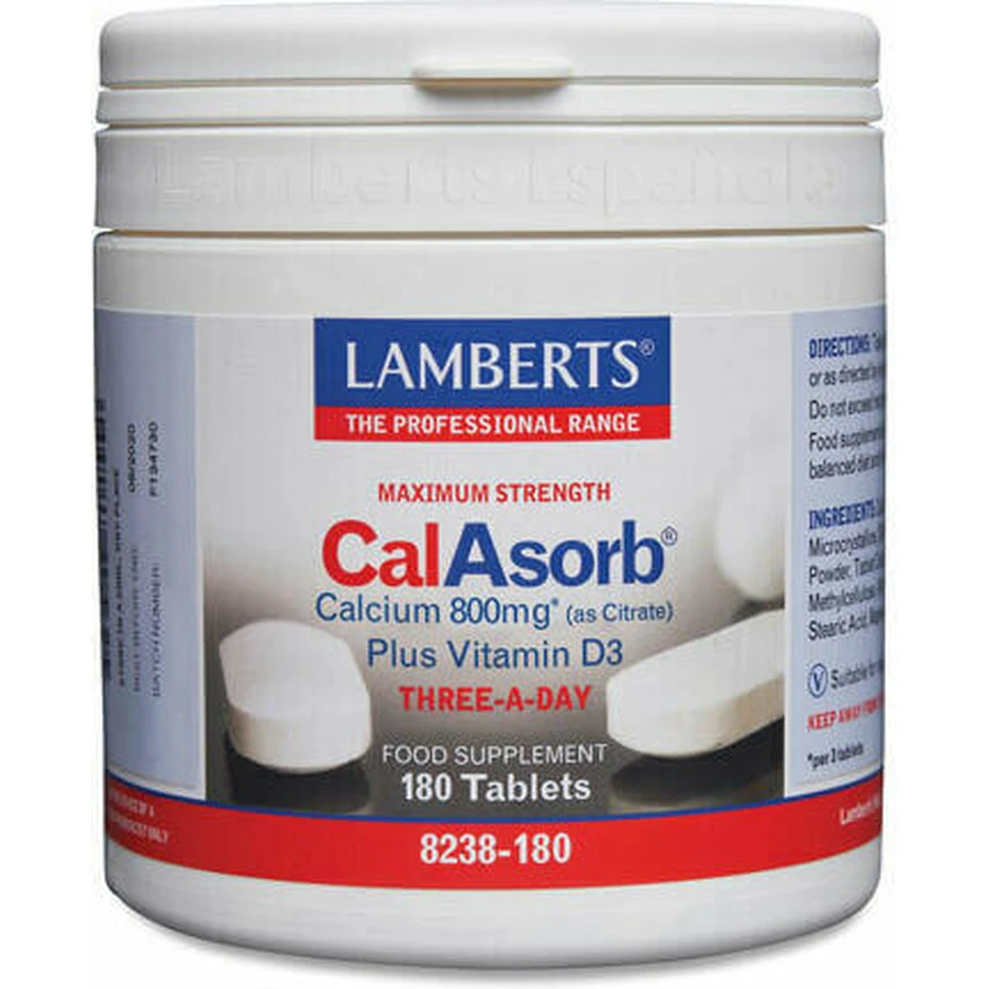 Lamberts CalAsorb Maximaal Sterk Calcium (als Citraat) Plus Vitamine D3 800mg 180 Tabletten