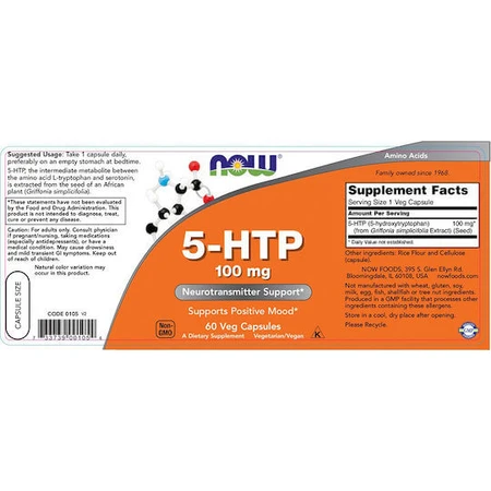 Now Foods 5-HTP 60 Kruidencapsules Niet-gearomatiseerd