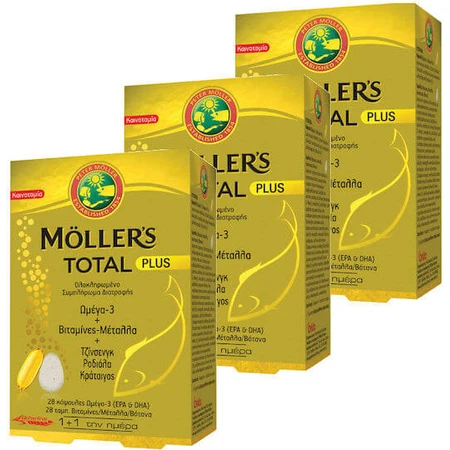 Moller's Total Plus Aceite de Pescado Vitaminas y Minerales Omega 3, Ginseng, Rhodiola y Espino Blanco Sin Sabor
