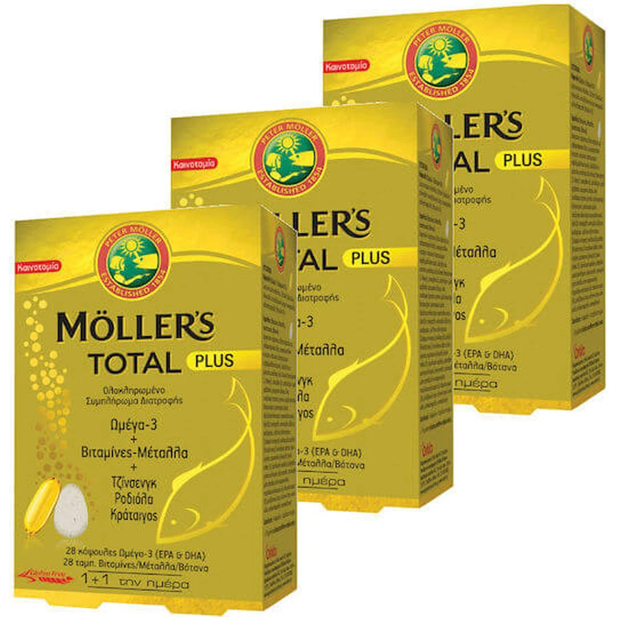 Moller's Total Plus Aceite de Pescado Vitaminas y Minerales Omega 3, Ginseng, Rhodiola y Espino Blanco Sin Sabor