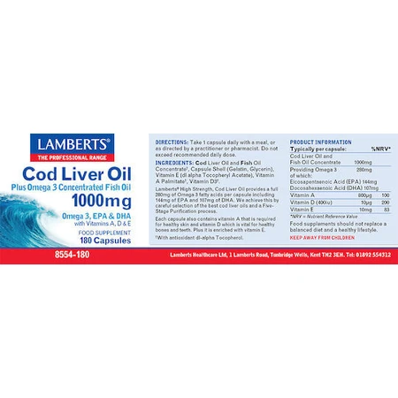 Lamberts Cod Liver Oil Huile de foie de morue 1000mg 180 caps Unflavoured