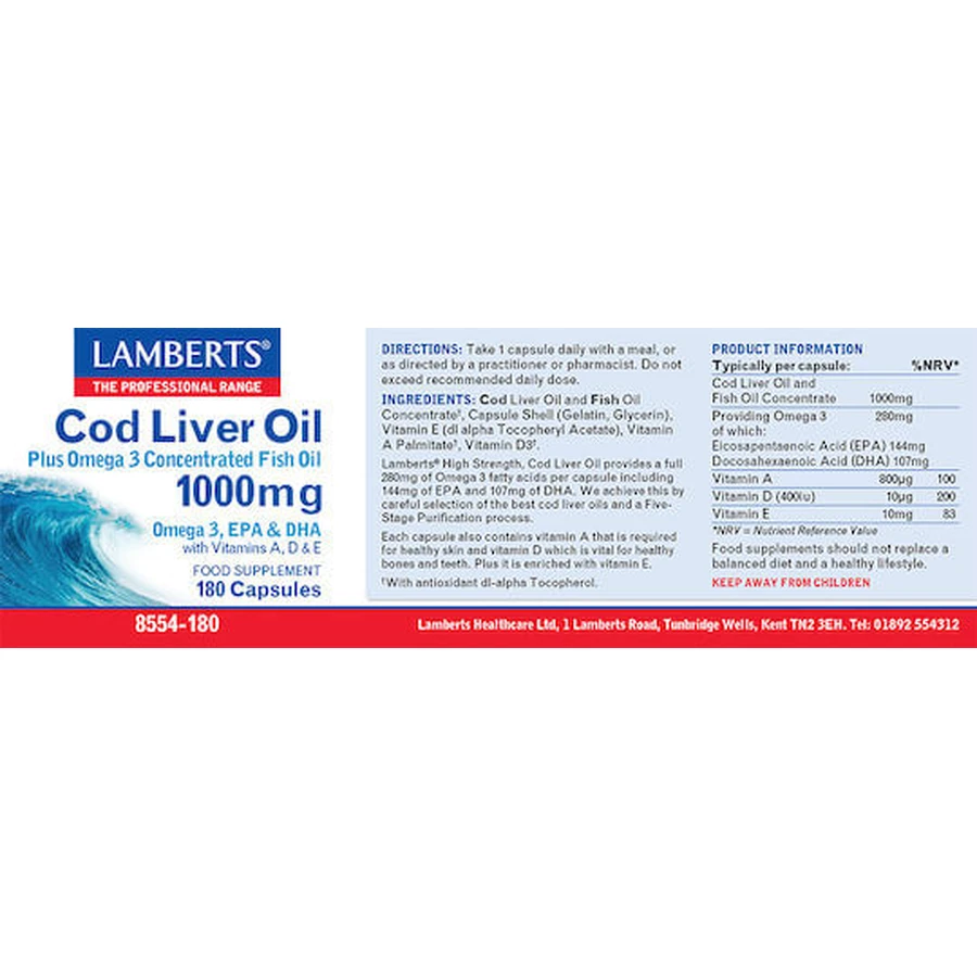 Lamberts Cod Liver Oil Huile de foie de morue 1000mg 180 caps Unflavoured