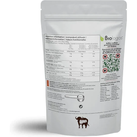 Viologos Buffalo Whey Protein 75% Proteína de suero de leche ecológica con sabor a cacao 500gr
