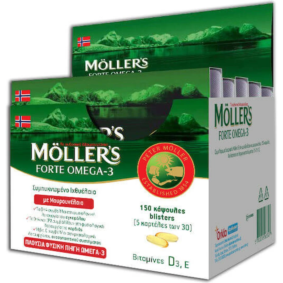 Moller's Forte Omega 3 Lebertran und Fischöl Geeignet für Kinder 150 Kapseln Nicht aromatisiert