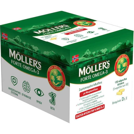 Moller's Forte Omega 3 Lebertran und Fischöl Geeignet für Kinder 150 Kapseln Nicht aromatisiert