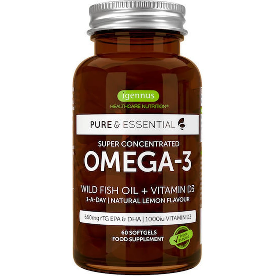 iGennus Pure Essentials Aceite de pescado salvaje superconcentrado Omega 3 y vitamina D3 893 mg 60 cáps. sin sabor
