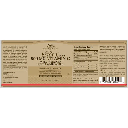 Solgar Ester-C Plus Vitamine voor immuunversterking, huid en antioxidanten 500mg 100 plantaardige capsules