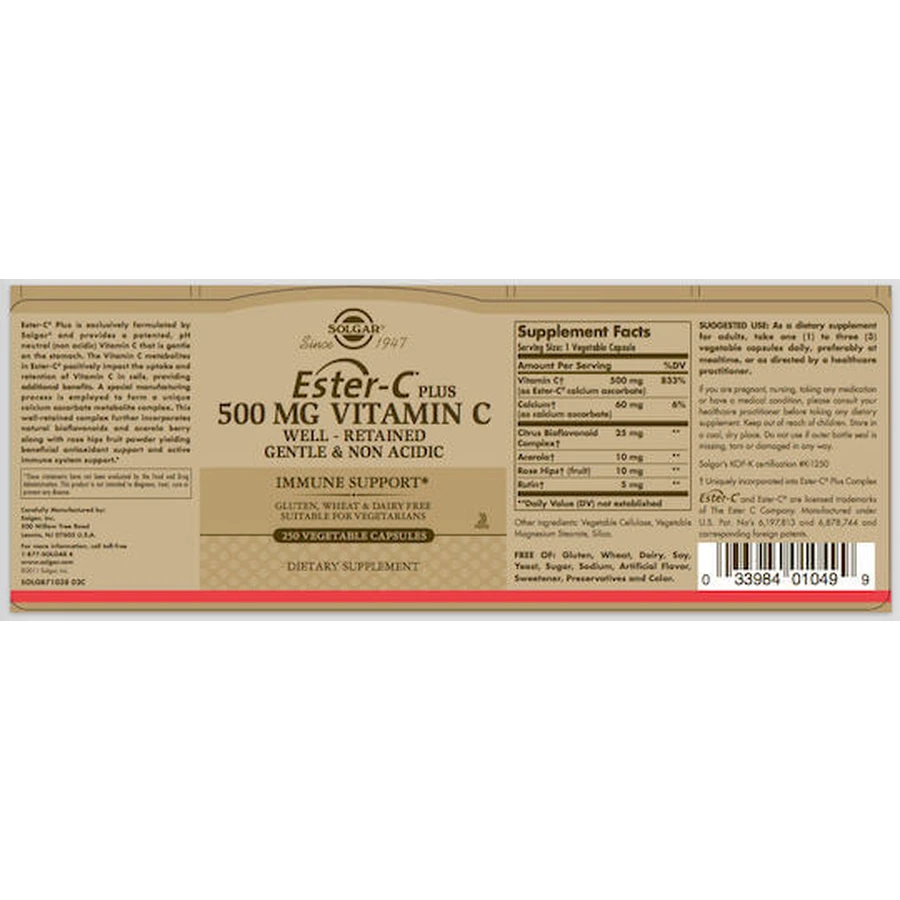 Solgar Ester-C Plus Vitamine voor immuunversterking, huid en antioxidanten 500mg 100 plantaardige capsules