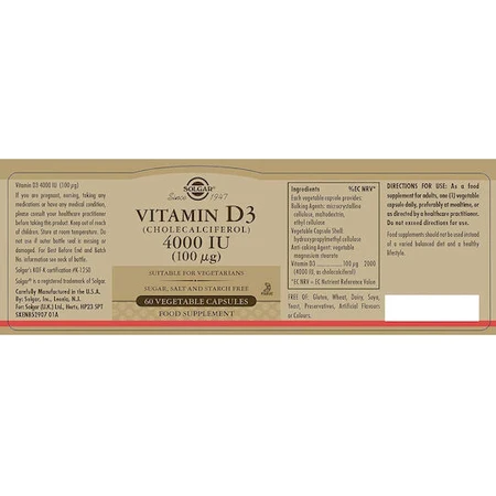 Solgar Vitamin D3 Vitamin for Immune System Strengthening & Egg Health 4000iu 60 veget capsules