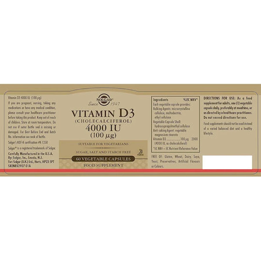 Solgar Vitamin D3 Vitamin for Immune System Strengthening & Egg Health 4000iu 60 veget capsules