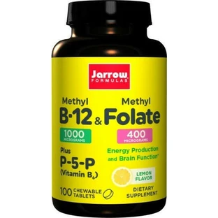 Jarrow Formulas Methyl B-12 & Methyl Folate Vitamina para la salud del sistema nervioso 1000mcg Limón 100 comprimidos masticables