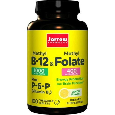 Jarrow Formulas Methyl B-12 & Methyl Folate Vitamina para la salud del sistema nervioso 1000mcg Limón 100 comprimidos masticables