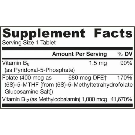 Jarrow Formulas Methyl B-12 & Methyl Folate Vitamina para la salud del sistema nervioso 1000mcg Limón 100 comprimidos masticables