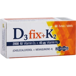 UNI-PHARMA D3 Fix + K2 Vitamine voor versterking immuunsysteem & ei-gezondheid 2000iu 45mcg 60 tabletten