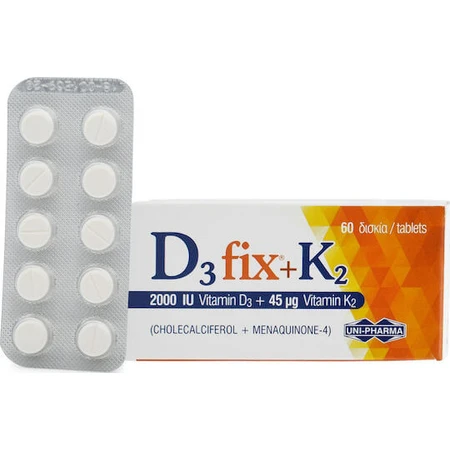 UNI-PHARMA D3 Fix + K2 Vitamine voor versterking immuunsysteem & ei-gezondheid 2000iu 45mcg 60 tabletten