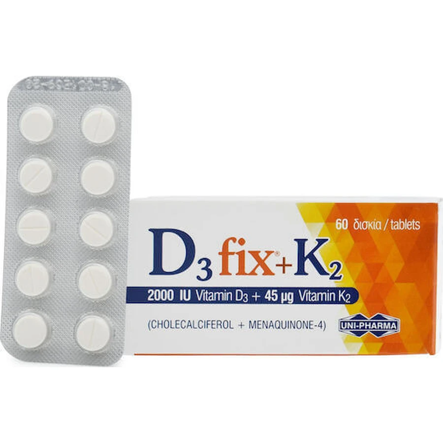 UNI-PHARMA D3 Fix + K2 Vitamine voor versterking immuunsysteem & ei-gezondheid 2000iu 45mcg 60 tabletten