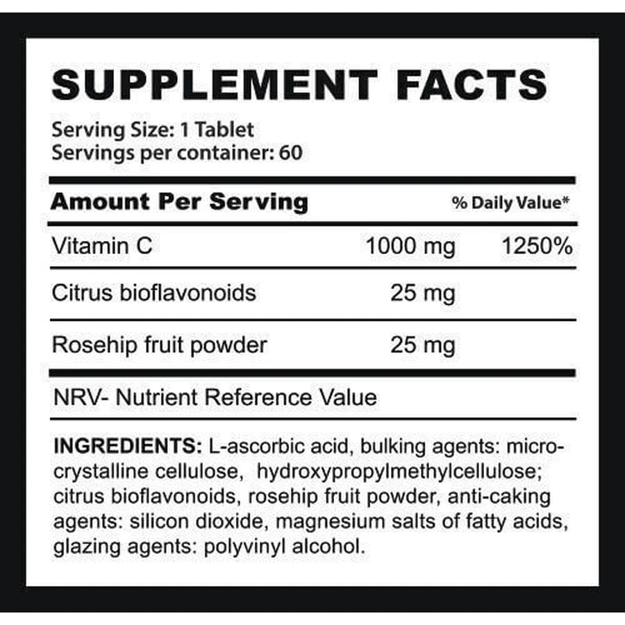 Fire & Spear Vit C Vitamina para la energía, el sistema inmunitario y el fortalecimiento de la piel 1000mg adecuada para adultos mayores de 50 años 60 Comprimidos