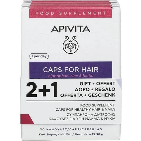 Apivita Caps For Hair Hippophae, Zinc & Biotin Food Supplement Special 3 x 10 capsules