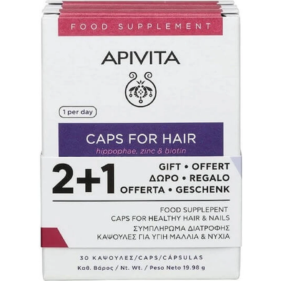 Apivita Caps For Hair Hippophae, Zinc & Biotin Food Supplement Special 3 x 10 capsules