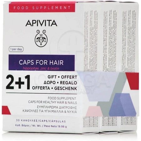 Apivita Caps For Hair Hippophae, Zinc & Biotin Food Supplement Special 3 x 10 capsules