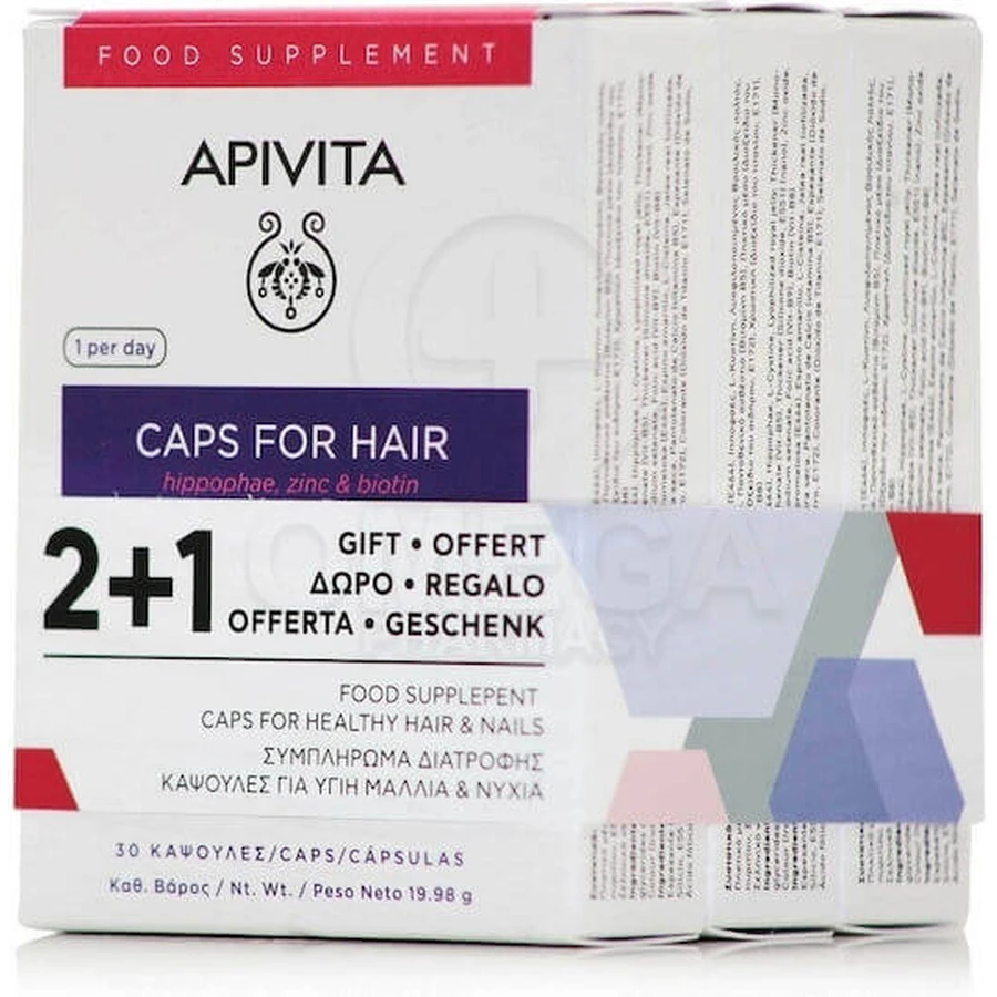 Apivita Caps For Hair Hippophae, Zinc & Biotin Food Supplement Special 3 x 10 capsules