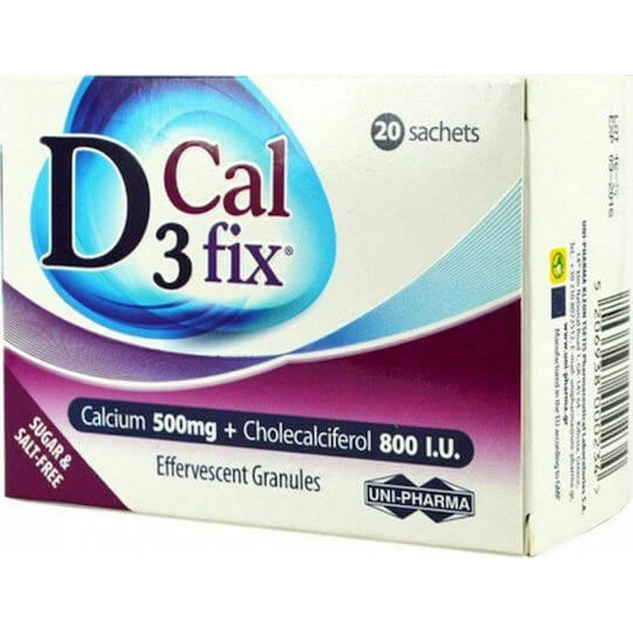 UNI-PHARMA D3 Fix Calcium Vitamine pour le renforcement du système immunitaire et la santé des oeufs 500mg 20 sachets