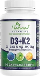 Natural Vitamins D3 + K2 Vitamin for Immune Support &amp; Egg Health 50 chewable tablets