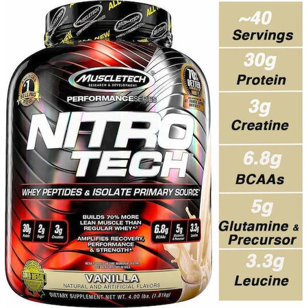 MuscleTech Nitrotech Whey Protein Molkenprotein mit Kreatin & Geschmacksrichtung Vanillecreme 1,8kg