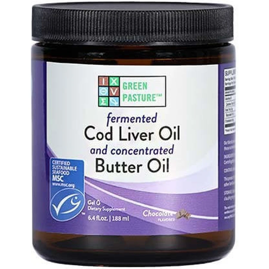 Green Pasture Fermented CLO & Concentrated Butter Oil Aceite de hígado de bacalao 188ml Chocolate