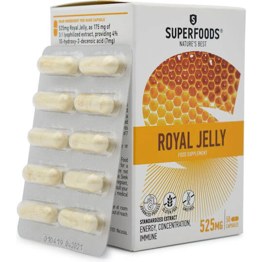 Superfoods Gelée Royale pour l'énergie, le système immunitaire et les cheveux 50 gélules