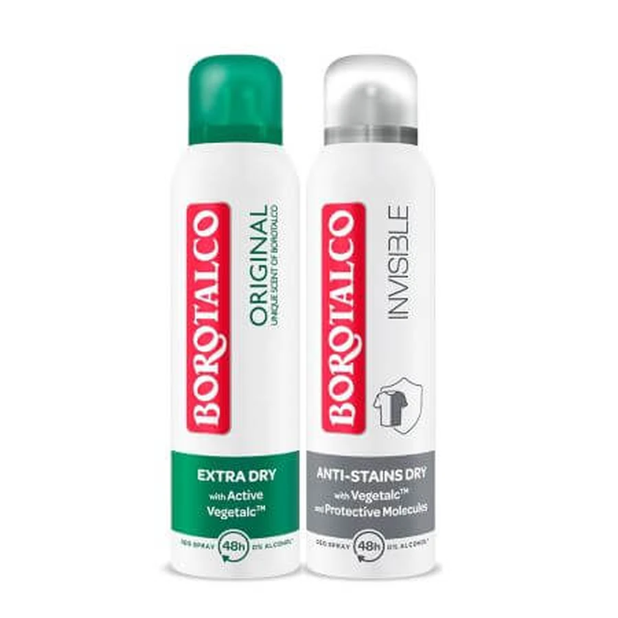 Pachet Deodorant spray Original 150 ml + Deodorant spray Invisible Dry 150 ml, Borotalco
