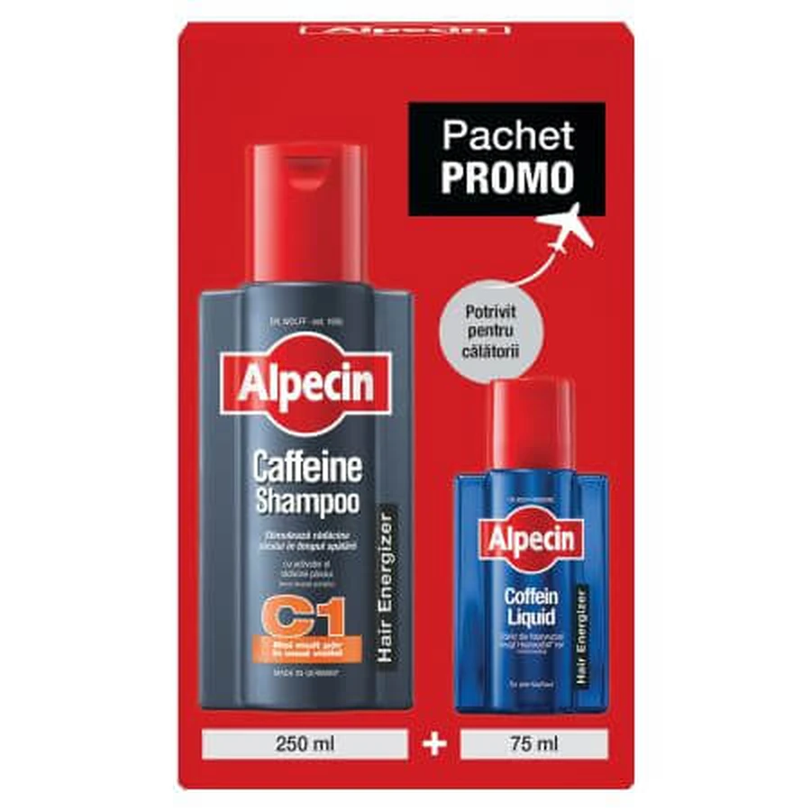 Caffeine Shampoo C1 250 ml + Energizing hair lotion Coffein Liquid 75 ml, Alpecin