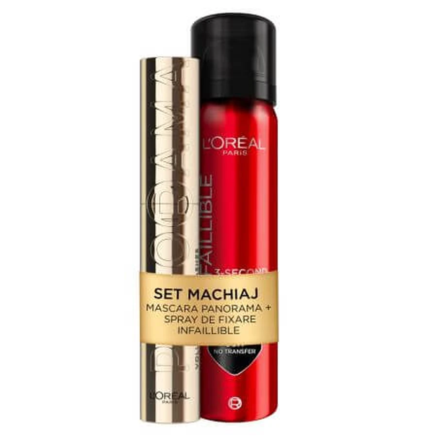 Pack Infaillible 3 Second Makeup Fixing Spray, 75 ml + Volume Mascara Shade Black Panorama By Volume Million Lashes, 9.9 ml, L'Oreal