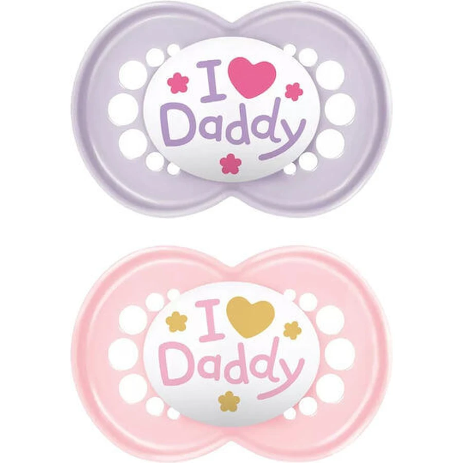 Mama Original Ik Hou Van Papa Silicone Orthodontische Fopspenen met Etui - Paars / Roze voor 6-16 maanden 2st