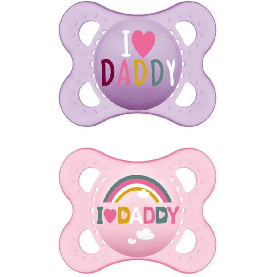 Mama 115S Orthodontische Siliconen Fopspenen Ik Hou Van Papa Regenboog - Mov-Roz voor 2-6 maanden 2st