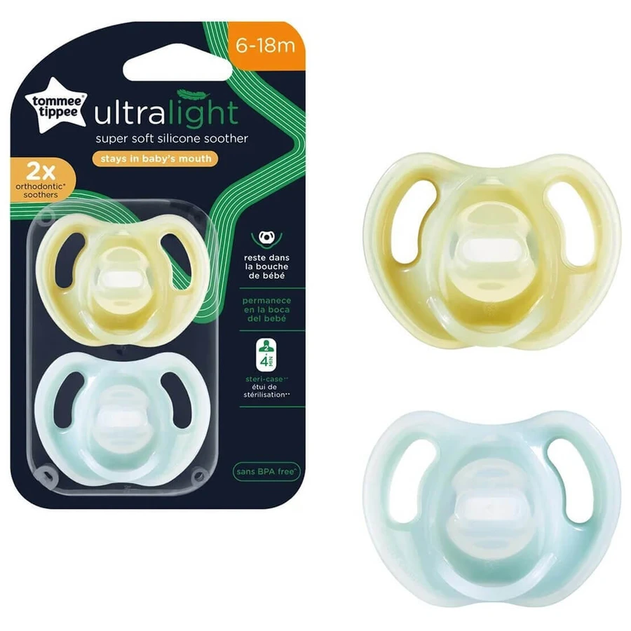 Chupete ortodóntico de silicona ultraligero Tommee Tippee amarillo/azul 6-18 meses, 2 unidades